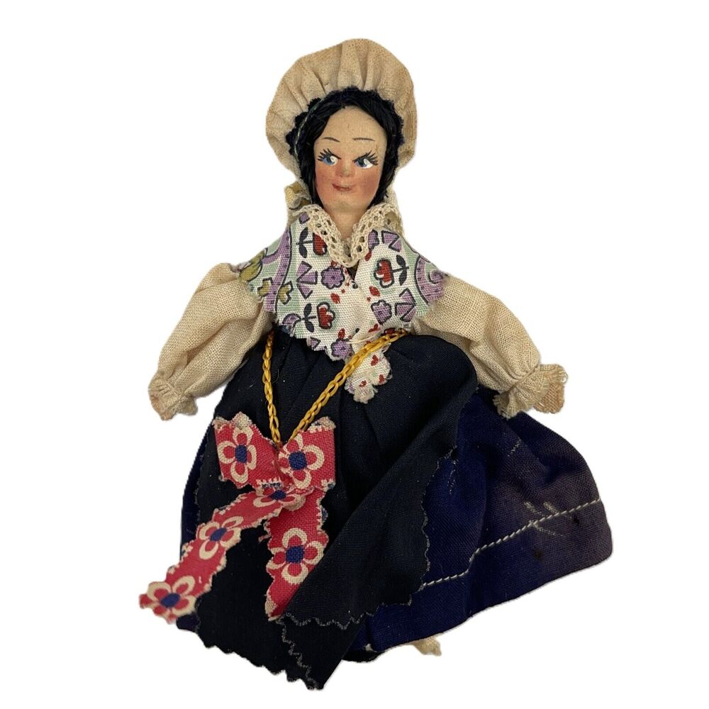 Vintage 5" Paper Mache Composition Cloth Body Doll Ethnic Costume Gypsy